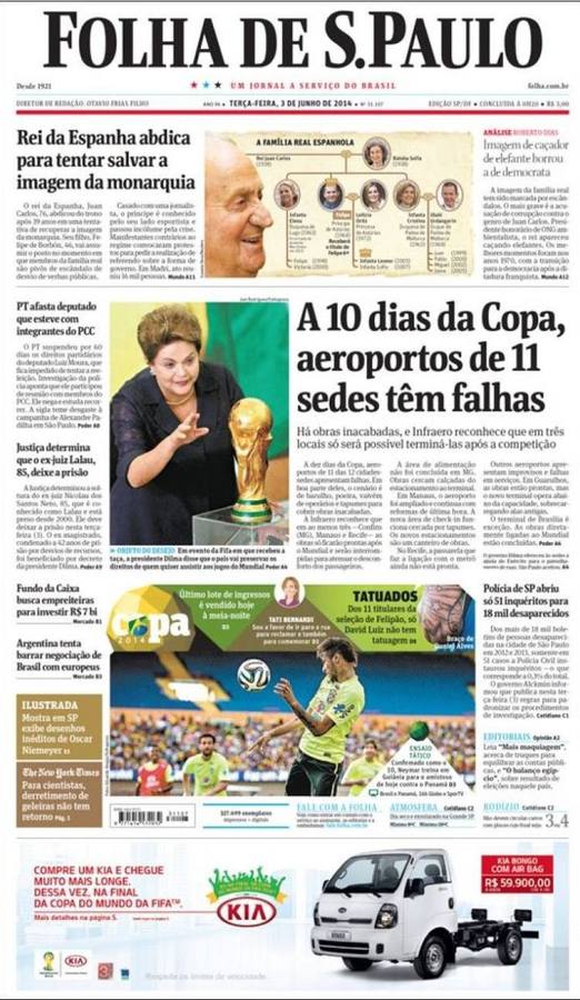 Portada del brasileño la Folha de S. Paulo.