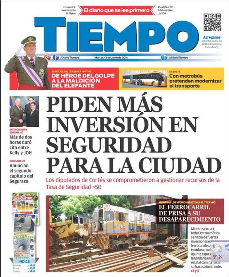 Portada del hondureño El Tiempo.