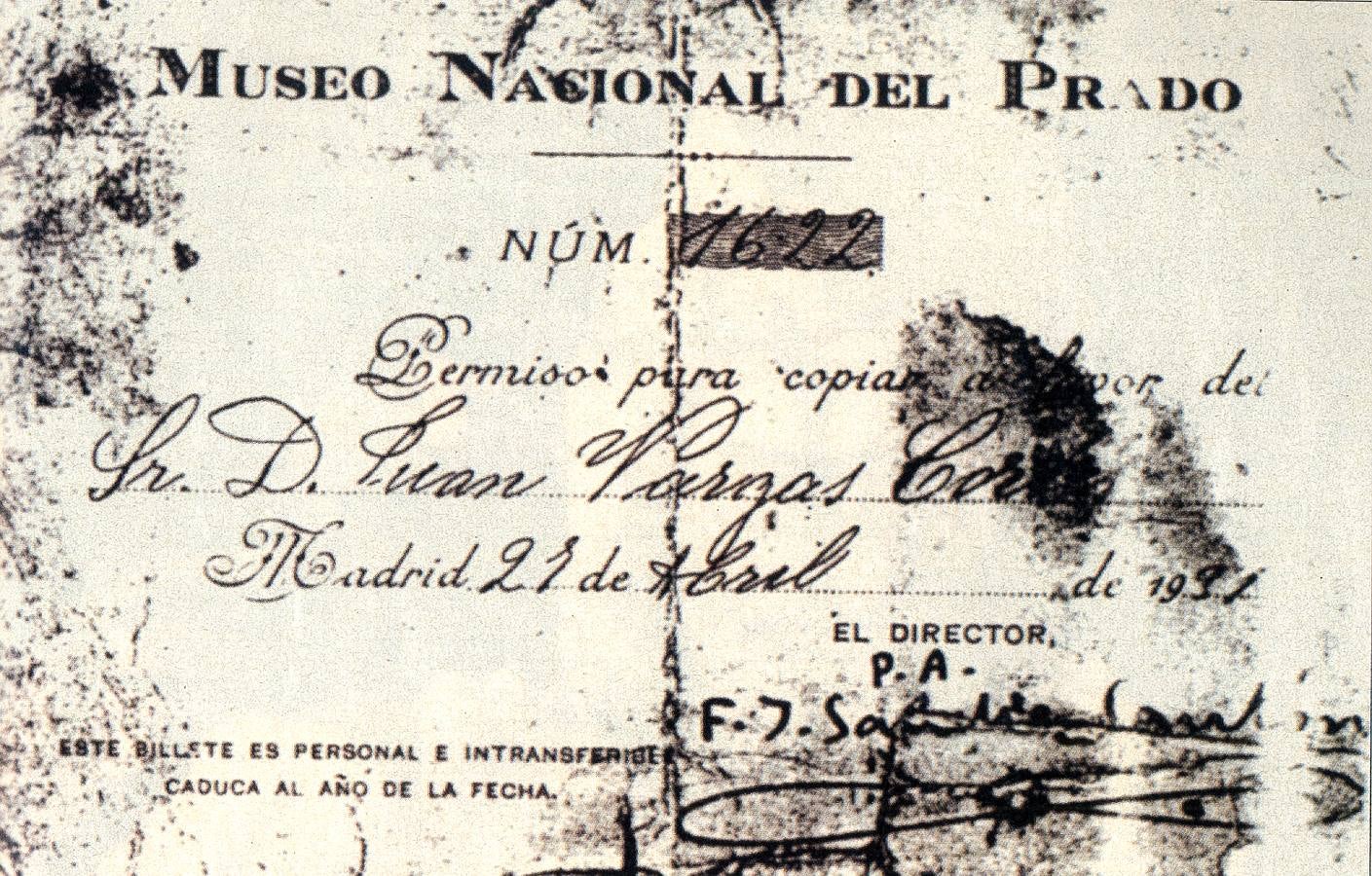 Permiso que obtuvo de la dirección del Museo Nacional del Pradopara copiar obras de la primera pinacoteca española  lleva fecha de abril de 1931.