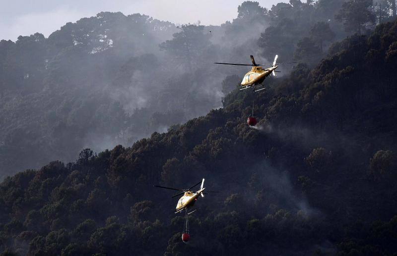 Tres helicópteros y medio centenar de bomberos luchan contra el incendioregistrado este domingo al norte de La Zagaleta.