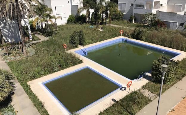 La piscina del hotel del CIOMijas se ha convertido en una ciénaga.