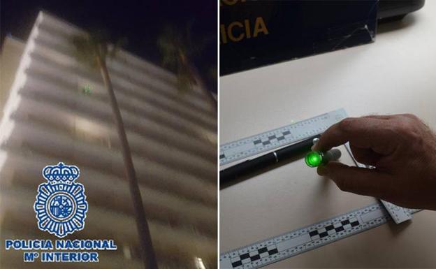 A la izquierda, hotel de Torremolinos desde que el que deslumbraron a las aeronaves. A la derecha, el puntero. 