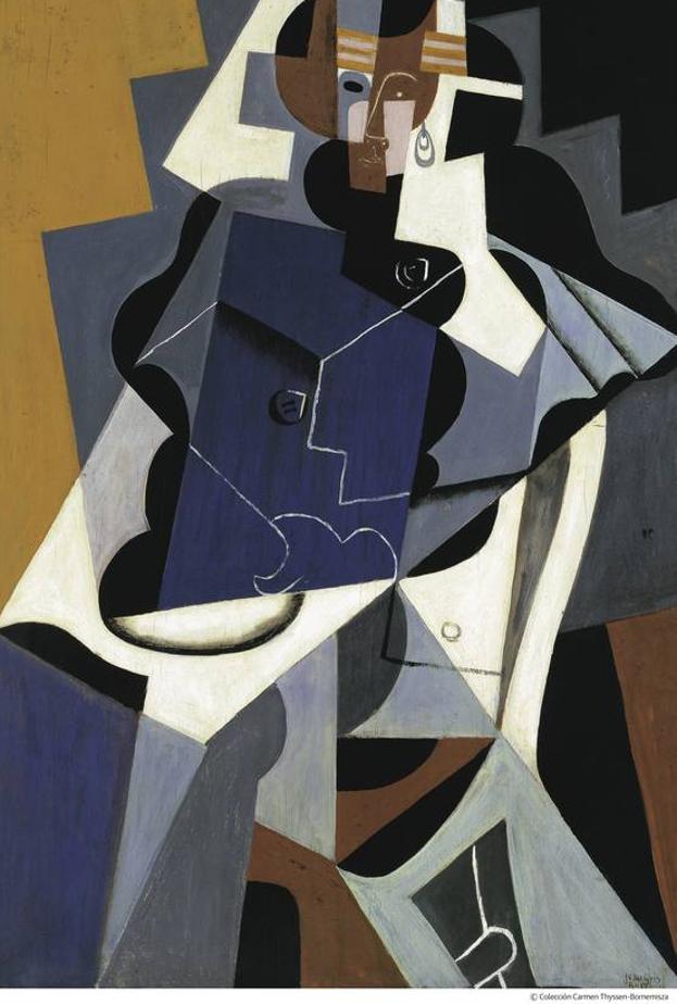 Juan Gris. ’Mujer sentada’, mayo de 1917. Óleo sobre tabla, 116x73 cm. Colección Carmen Thyssen-Bornemisza, en depósito en el Museo Thyssen-Bornemisza, Madrid