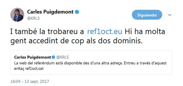 Puigdemont 'resucita'  la web del 1-0 tras su clausura judicial