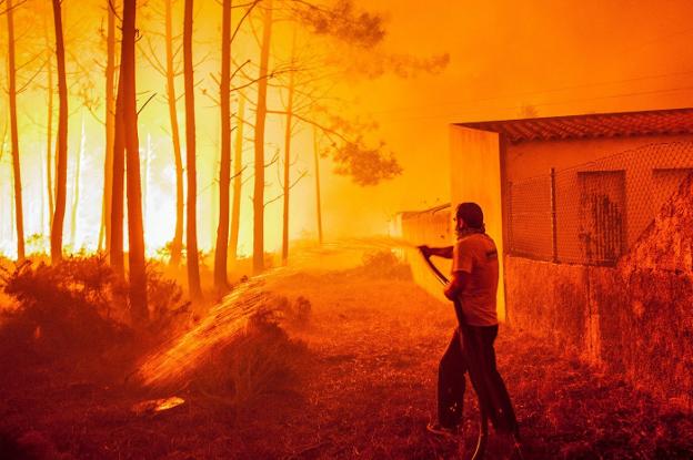 Un hombre lucha contra las llamas en un incendio forestal declarado en la localidad portuguesa de Adica. :: n. a. f. / efe