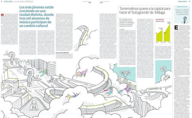 Málaga, ciudad soñada’. El mismo reportaje se ha llevado una medalla al diseño de las páginas y otra al trabajo del ilustrador, colaborador de SUR, Felip Ariza.