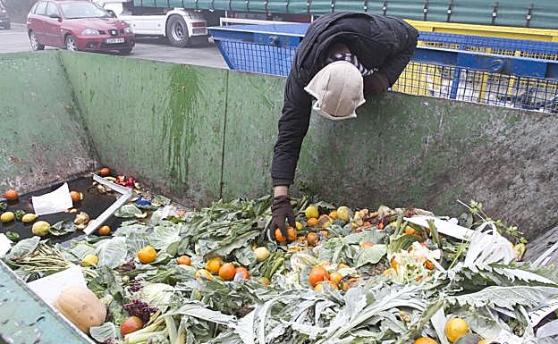 Un hombre coge comida de un contenedor en Granada.