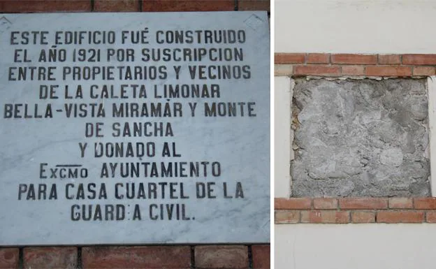 La placa conmemorativa que había( izquierda) y el hueco donde figuraba la placa (derecha).