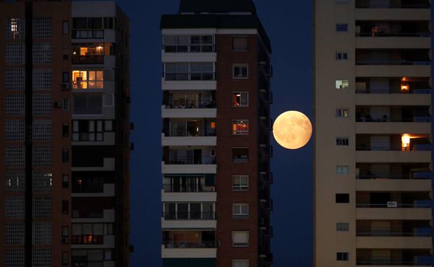 Eclipse lunar parcial visto entre edificios de Málaga. 