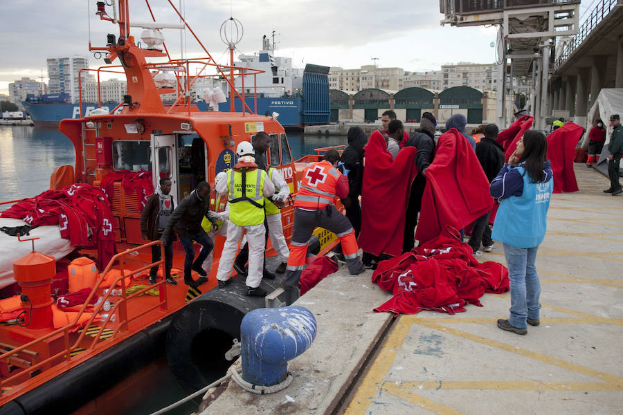 Fueron rescatados en el Mar de Alborán por Salvamento Marítimo y trasladados al puerto de la ciudad