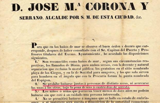 Bando firmado por el alcalde de Málaga, José María Corona, en 1852 fijando las condiciones del baño.