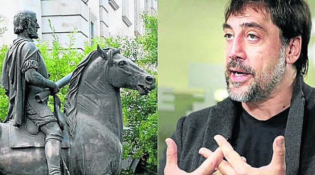 Javier Bardem, frente a una estatua de Hernán Cortes, prepara su debut en una ficción televisiva que también producirá. :