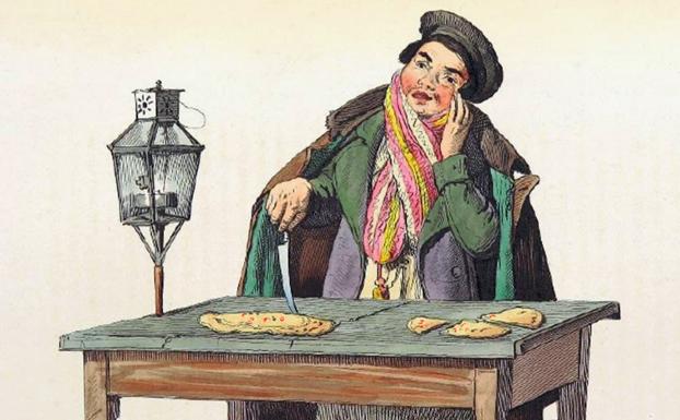 Vendedor callejero de pizzas, Nápoles. Grabado de 1858, British Library CC PD. 