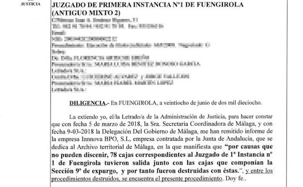 Reproducción de la diligencia del Juzgado de Primera Instancia número 1 de Fuengirola en la que se informa de que 78 cajas de expedientes han sido destruidas por error. 