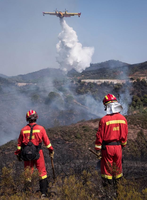 Efectivos controlan el incendio declarado el pasado jueves en la localidad onubense de Nerva. :: EFE