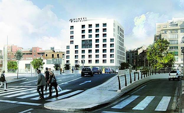 Recreación del hotel diseñado por Moneo, visto desde la trasera del edificio de Hacienda.