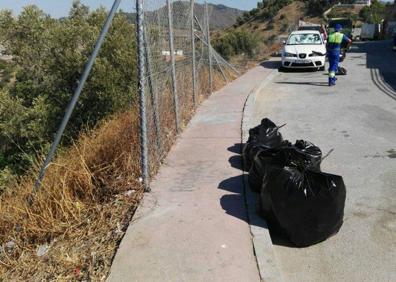 Imagen secundaria 1 - Alcorques donde había árboles que han sido eliminados. Bolsas con basuras recogidas en Cerrado Calderón.Basuras antes de la limpieza.