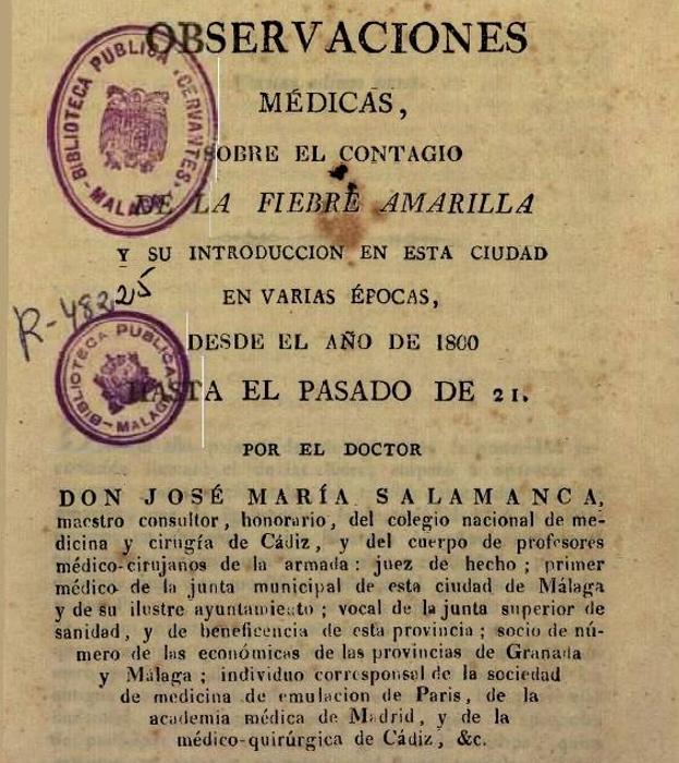 Portada del libro doctor José María Salamanca sobre la fiebre amarilla en Málaga. 