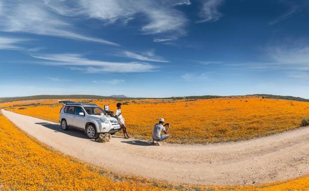 Dos viajeros paran a observar las flores del Kalahari. 