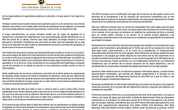 Primeras dos páginas de la carta de la FEF a la Liga