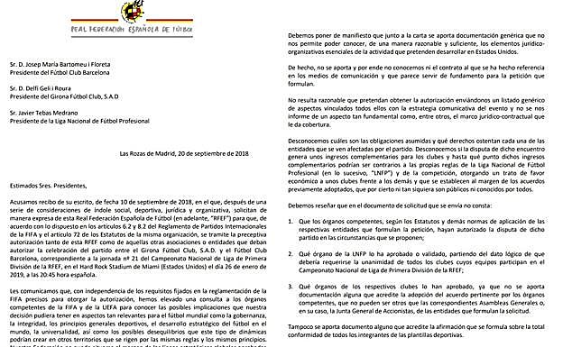 Primeras dos páginas de la carta de la FEF a la Liga