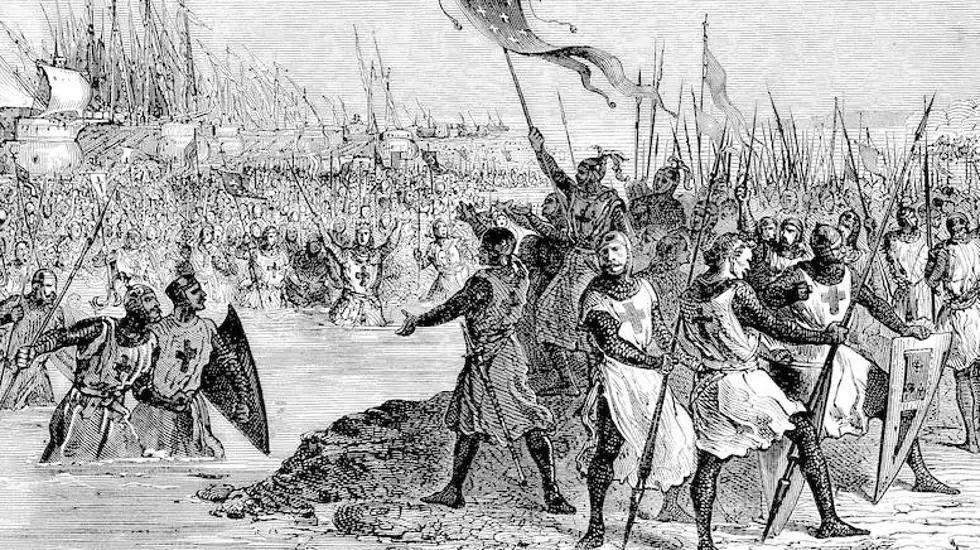 Un grabado reproduce la batalla de Mansura, con Luis IX de Francia escoltado por caballeros templarios. 