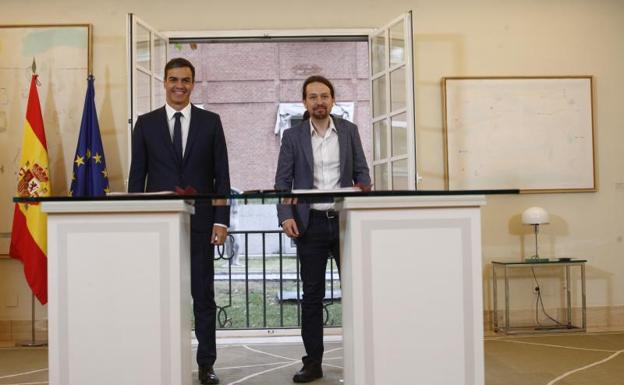 Pedro Sánchez y Pablo Iglesias, tras pactar los Presupuestos. 