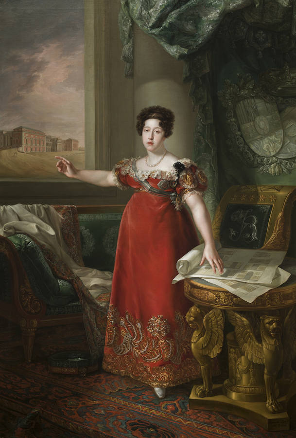 María Isabel de Braganza como fundadora del Museo del Prado, de Bernardo López Piquer. Óleo sobre lienzo, 258 x 174 cm. 1829, Madrid.