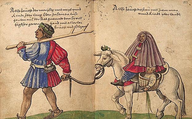 'Moriscos del reino de Granada, dando un paseo por el campo con mujeres y niños', un dibujo de Christoph Weiditz de 1529