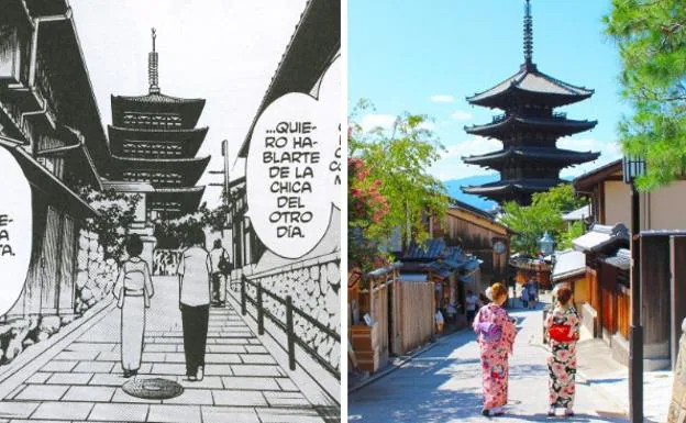 Viñeta de 'Historias de Kioto' y fotografía de la calle Sannen-Zaka. 