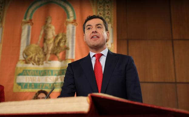 Juanma Moreno, ayer durante su discurso durante la toma de posesión como presidente de la Junta de Andalucía.