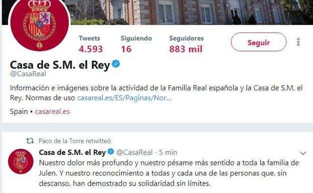 Mensaje de condolencia de la Casa Real en Twitter. 