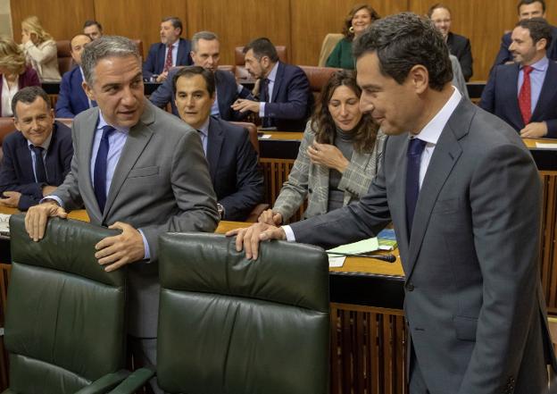 Juanma Moreno ocupa el escaño verde del Gobierno por primera vez ante la mirada de Bendodo y diputados del PP. 