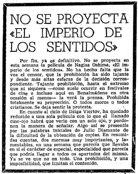 1976. SUR 11NOV1976. La censura prohibe 'El imperio de los sentidos'