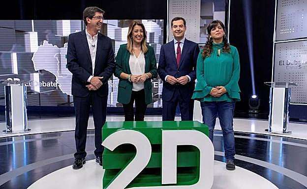 Juan Marín, Susana Díaz, Juanma Moreno y Teresa Rodríguez, en el debate de Canal Sur en la campaña de las elecciones del 2D. 