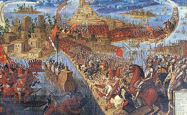 Escena de la toma de Tenochtitlan por parte de los hombres de Hernán Cortés. 