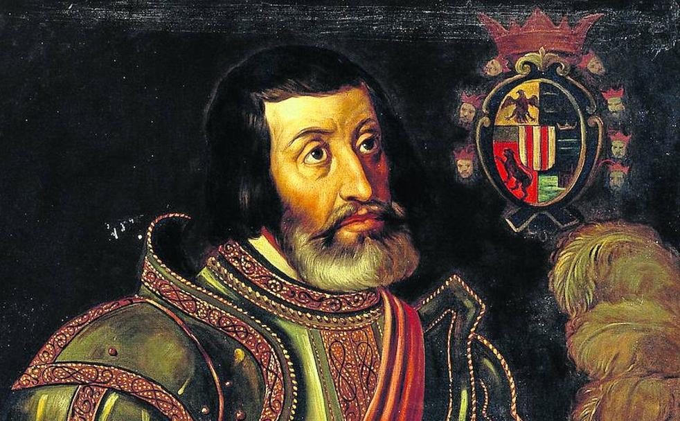 Retrato de Hernán Cortés, por el pintor mexicano José Salomé Pina. Al fondo, el escudo heráldico del conquistador, con las cabezas de siete vasallos de Moctezuma. 