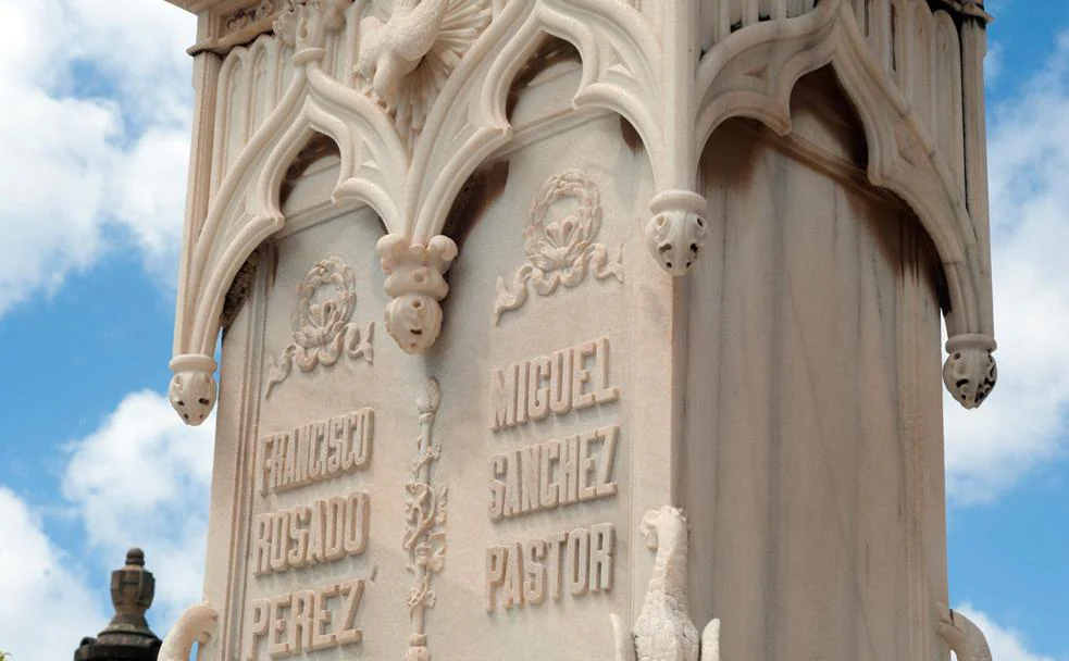 Detalle de las lápidas en el panteón, perteneciente a las familias de Miguel Sánchez-Pastor Drago, exalcalde de Málaga; y Francisco Rosado Pérez, pariente de estos últimos y teniente alcalde de Málaga. 