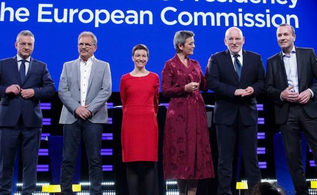 De izquierda a derecha: Jan Zahradil, Nico Cué, Ska Keller, Margrethe Vestager, Frans Timmermans y Manfred Weber .