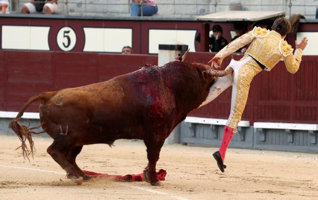 Juan Leal, cogido por su primero en el duodécimo festejo. :: efe
