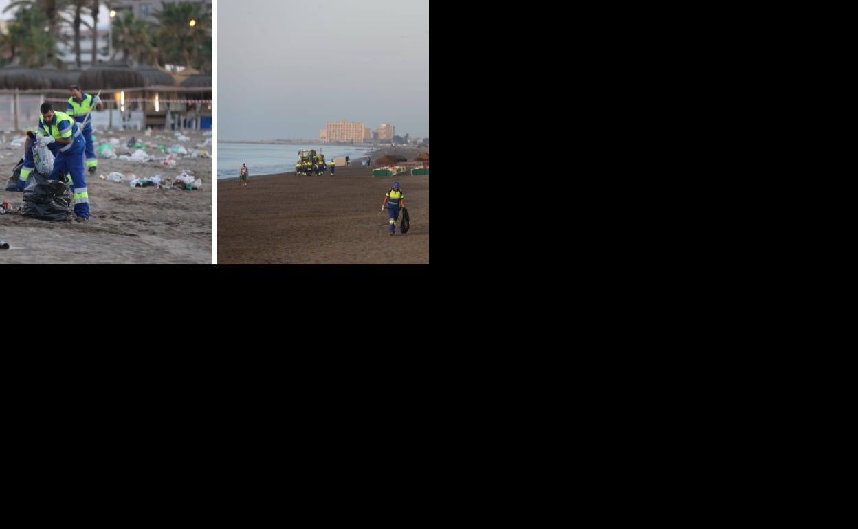 Efectivos limpiando a primera hora de la mañana las playas de la Misericordia. A la derecha, el aspecto de la misma playa ya limpia de residuos.