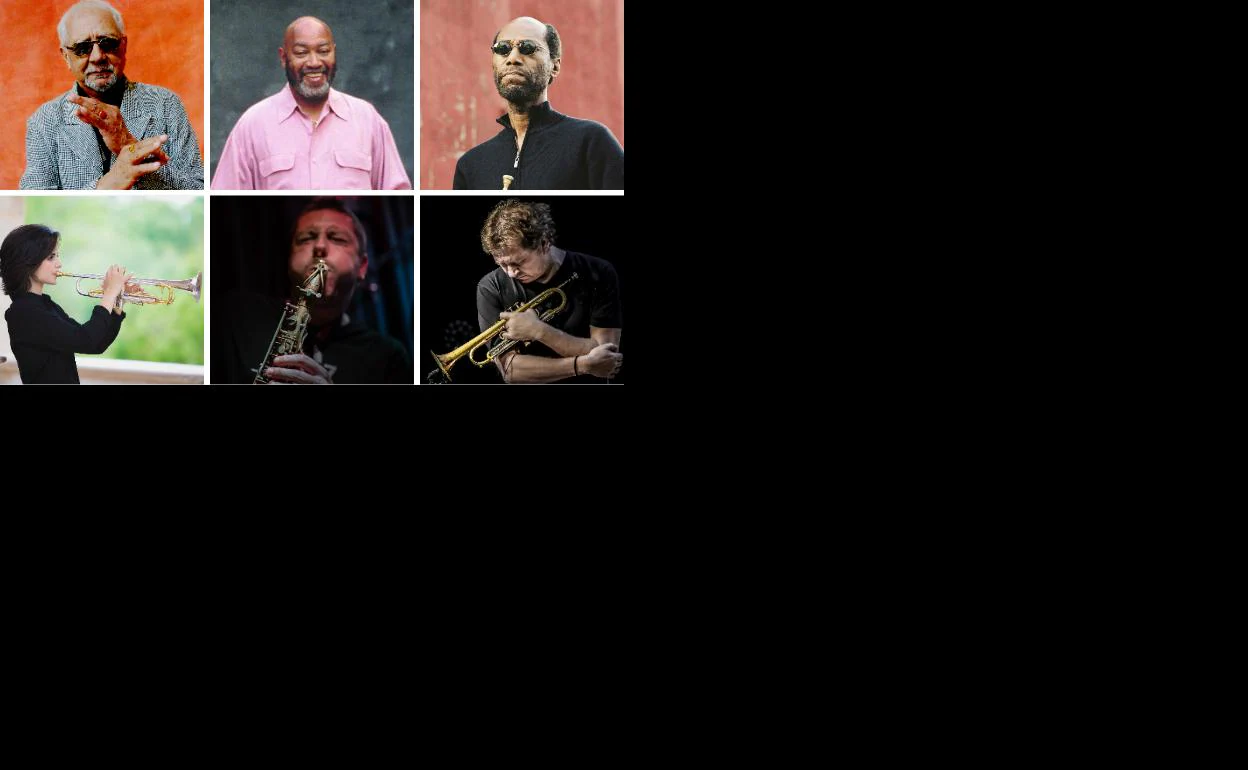 Charles Lloyd, Kenny Barron, Charles Tolliver (arriba). La trompetista catalana Andrea Motis, el saxofonista malagueño Ernesto Aurignac y Nils Petter.