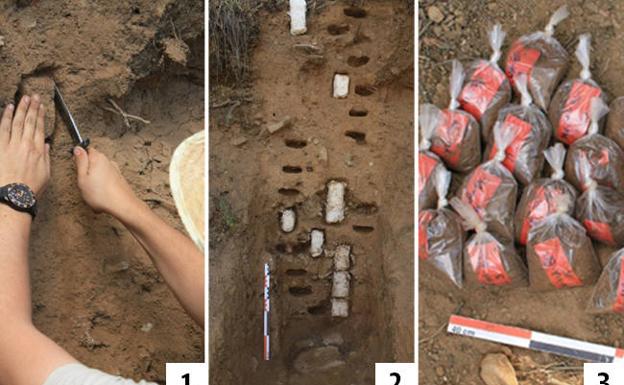 Imagen principal - Arriba, proceso por el que se tomará la toma de muestras cuando se vuelva a abrir de nuevo el corte 5 del Cerro del Villar. Abajo, últimas excavaciones en el yacimiento realizadas en 2003 y ánfora encontrada en la zona en la que se identificó el fenómeno energético marino que se cree fue un tsunami. 