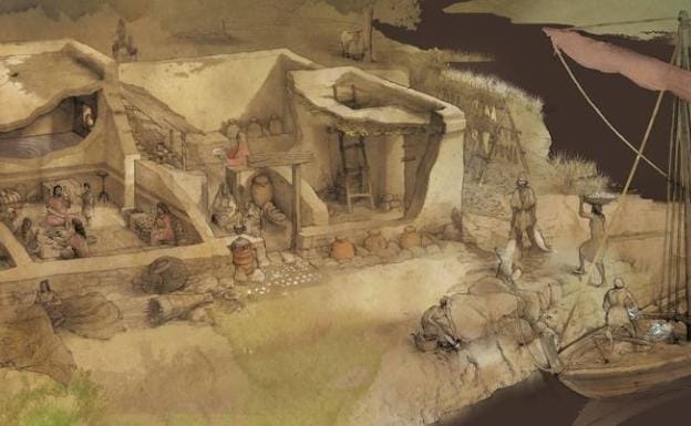Imagen principal - Arriba, recreación que se hizo para el Museo de Málaga de la Casa del Embarcadero del Cerro del Villar. Abajo, dos fotogramas del patio de la vivienda que, con