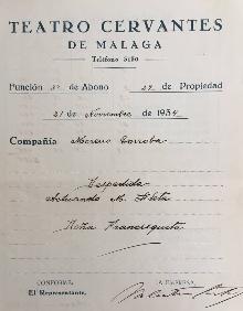 Imagen secundaria 2 - Documentos de los años 30. Arriba, hoja de taquilla de Margarita Xirgu. Abajo, documento de la Argentinita donde firma haber recibido un pago de 200 pesetas. Al lado, hoja de taquilla de la compañía de zarzuela de Moreno Torroba. 