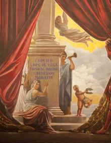Imagen secundaria 2 - Imágenes de las últimas reformas efectuadas en el teatro. Arriba, restauración del lienzo del techo de Ferrándiz. Abajo, cambio del pavimento de madera del patio de butacas. Al lado, fragmento del telón de boca recién restaurado. 
