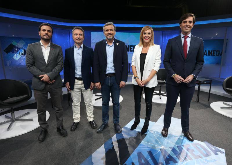 Ignacio López (PSOE), Guillermo Díaz (Cs), Pablo Montesinos (PP), Alberto Garzón (Unidas Podemos) y Patricia Rueda (Vox) participan en un debate de SUR y 101TV