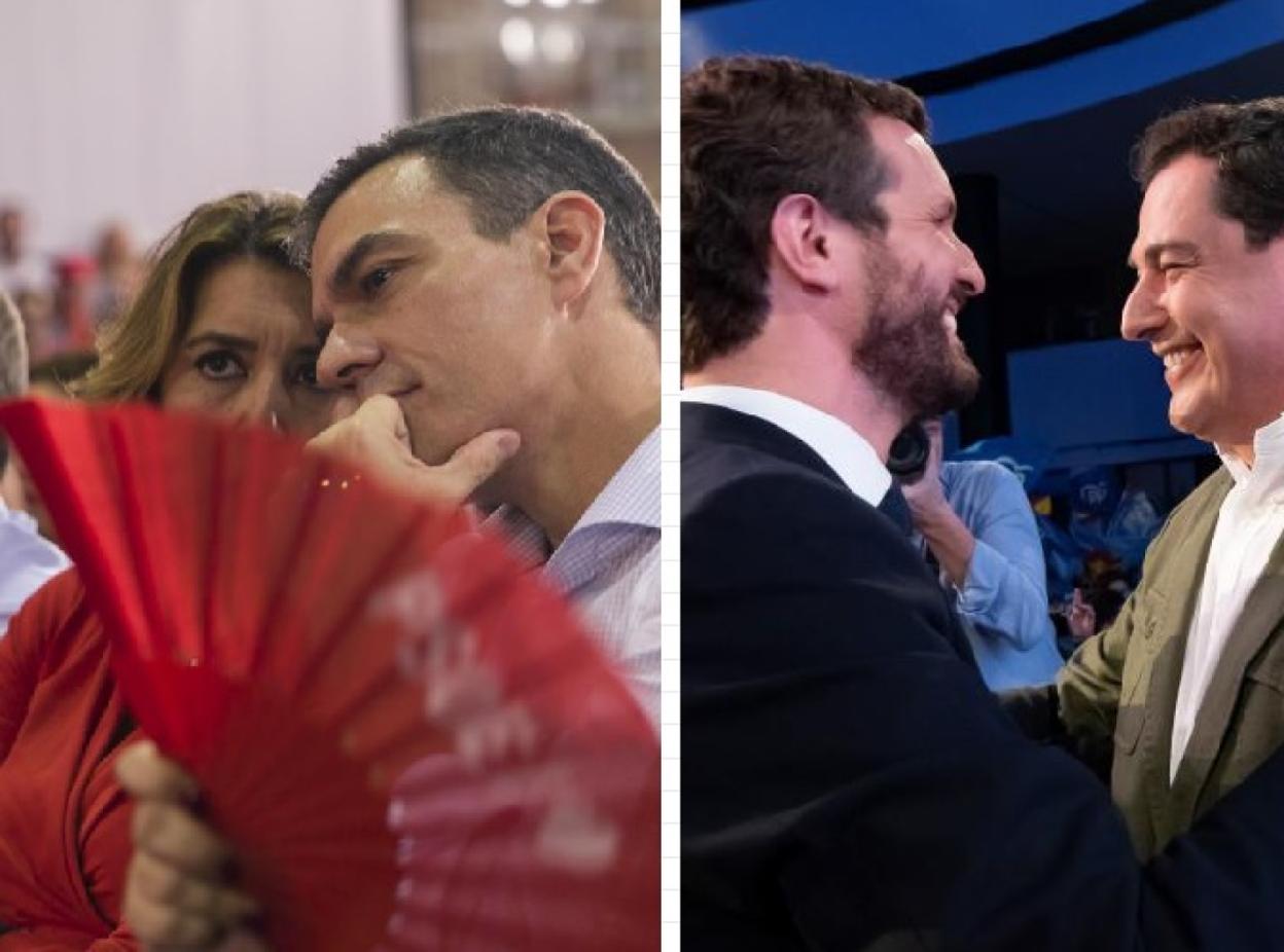 Pedro Sánchez y Susana Díaz (izquierda) y Pablo Casado con Juanma Moreno (derecha).