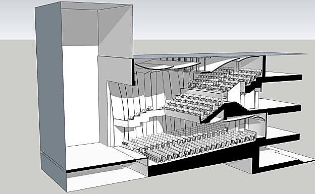 Infografía del teatro, con el patio de butacas y los dos niveles del anfiteatro.