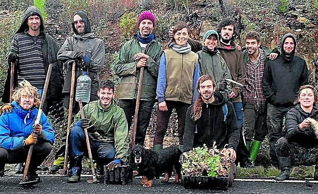 Imagen principal - Arriba, un grupo de vecinos de la Sierra de Gata que se puso a la obra tras el incendio de 2015. Sobre estas líneas, Bongui recoge bellotas en la Sierra de Gata y varios niños colaborando en el campo 